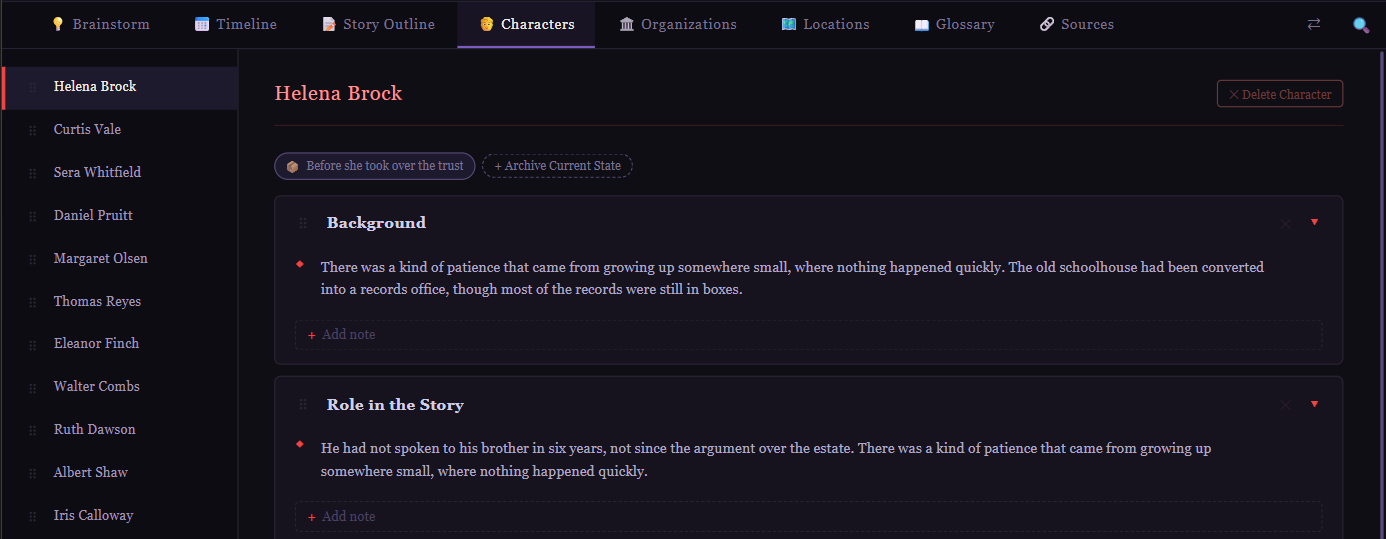 A character sheet with an Entry Archive saved and the option to archive the current state