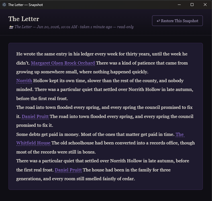 A read-only chapter snapshot with the option to restore it
