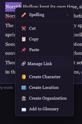 Right-click context menu showing Link to Object and Quick Create options over highlighted text